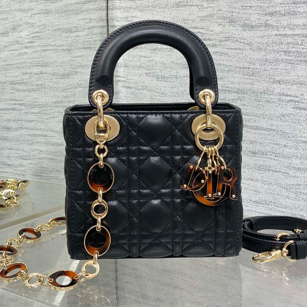 DIOR SMALL 20 LADY BAG IN BLACK MACROCANNAGE LAMBSKIN WITH GOLD HARDWARE