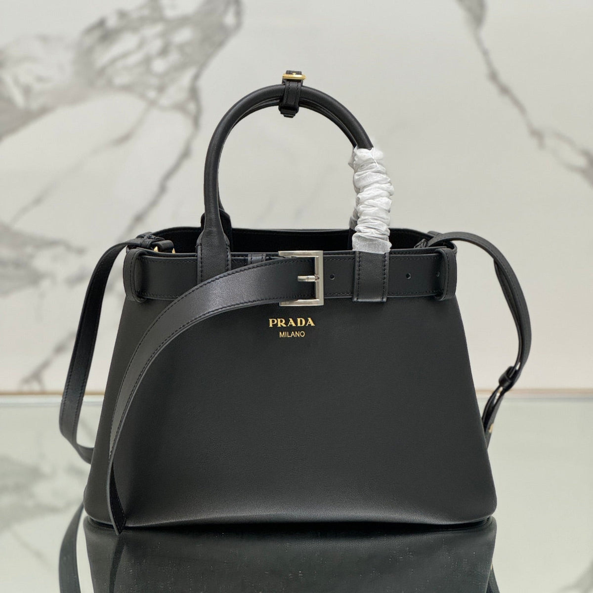 PRADA TOTE BAG WITH BELT 32 IN BLACK IMPORTED CALFSKIN