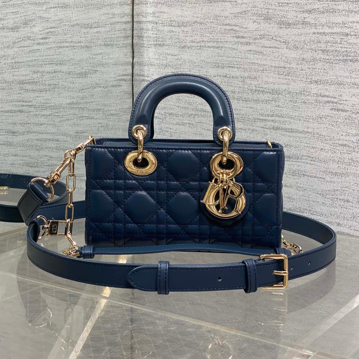 DIOR 25S SMALL LADY D‑JOY BAG 19 IN DARK BLUE CANNAGE CALFSKIN GOLD HARDWRE