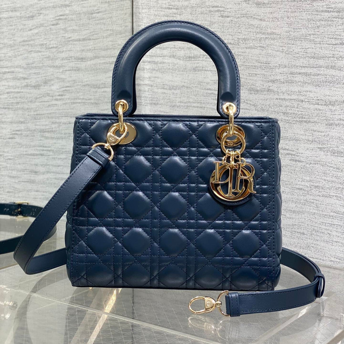 DIOR 25S MEDIUM LADY BAG 24 IN DEEP OCEAN BLUE CALFSKIN GOLD HARDWARE
