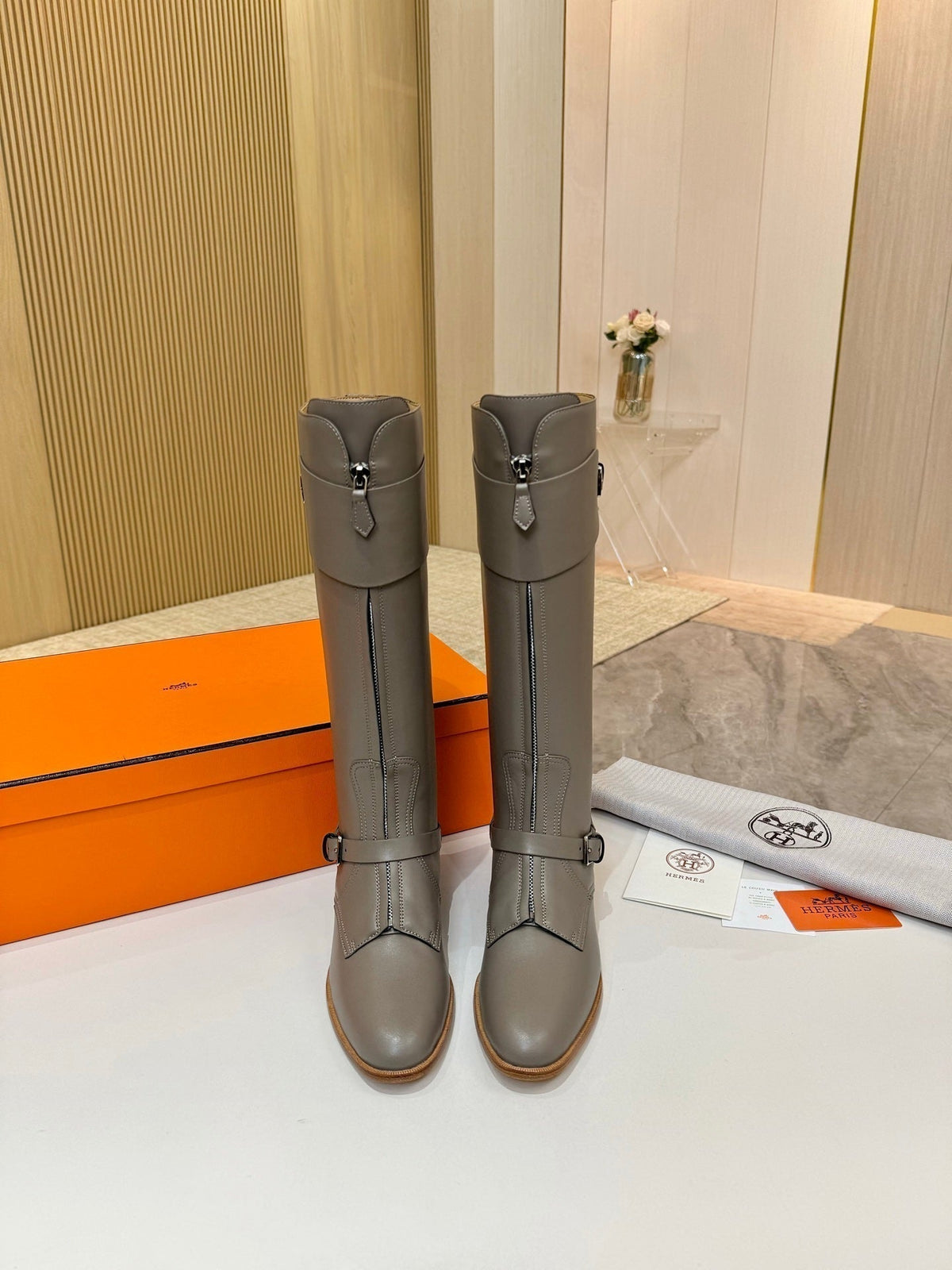 HERMES 25S RIDING BOOTS IN GREY LAMBSKIN WITH SILVER HARDWARE