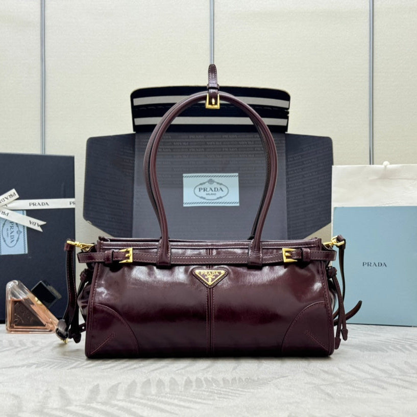 PRADA 25S BONNIE MEDIUM HANDBAG 32 IN BURGUNDY GLOSSY CALFSKIN